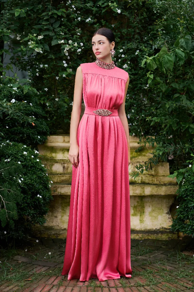 Dresses | Gowns<CULT MIA HIGH NECK SLEEVELESS GATHERED SILK GOWN Sugar Coral