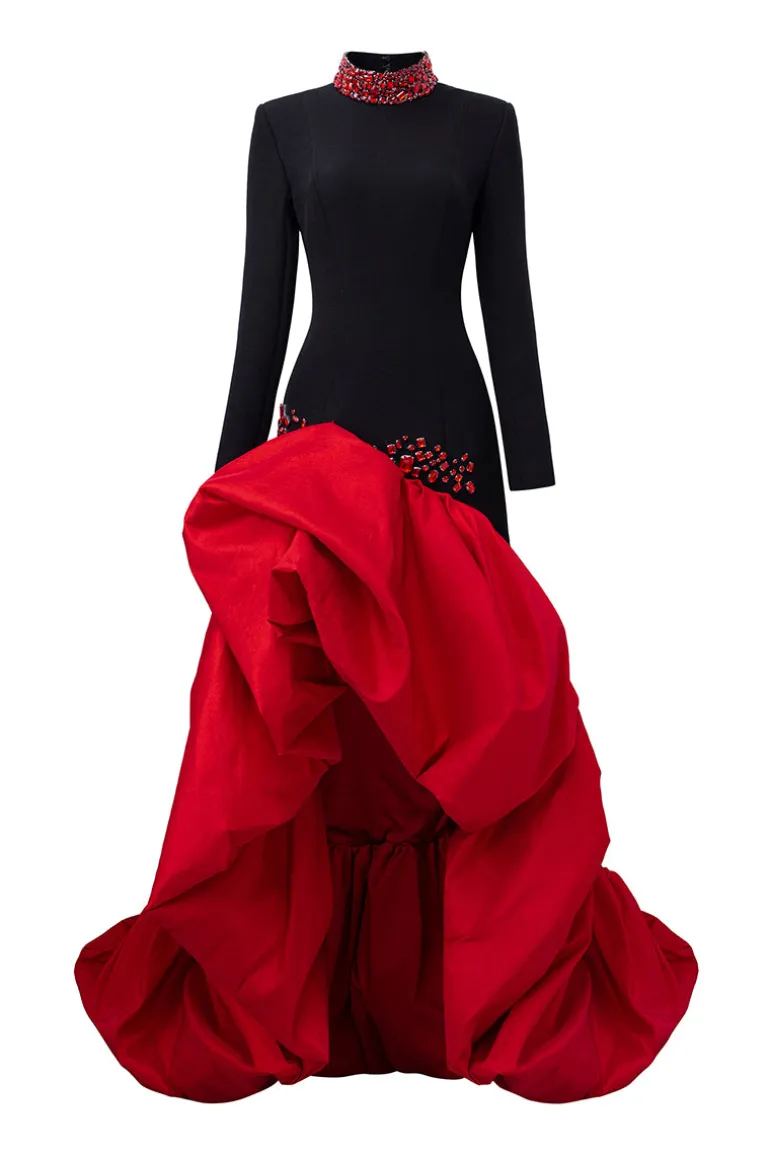 Dresses | Gowns<CULT MIA HIGH NECKLINE GOWN WITH DRAPED TAFFETA HEM Black