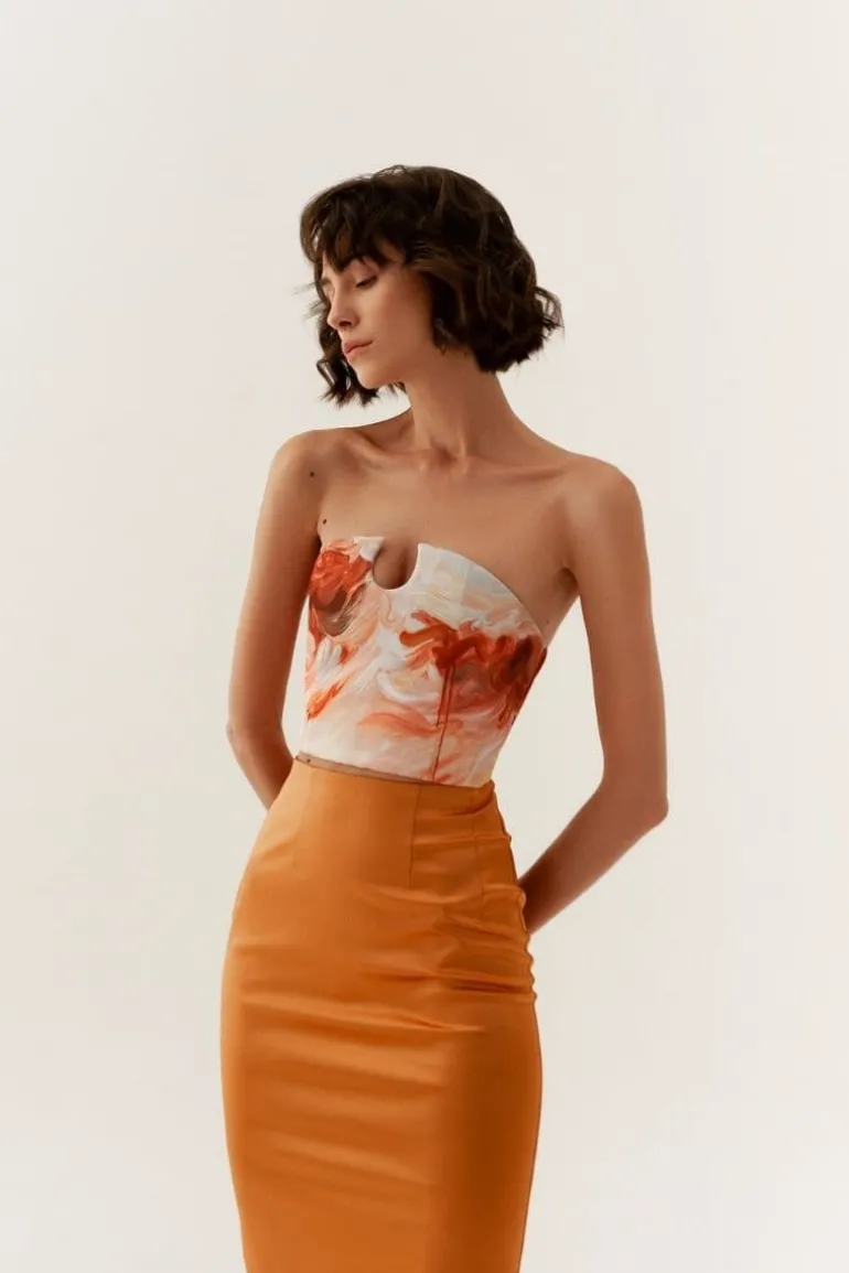 Tops<CULT MIA HONEY PEACH CORSET TOP White/Orange Print