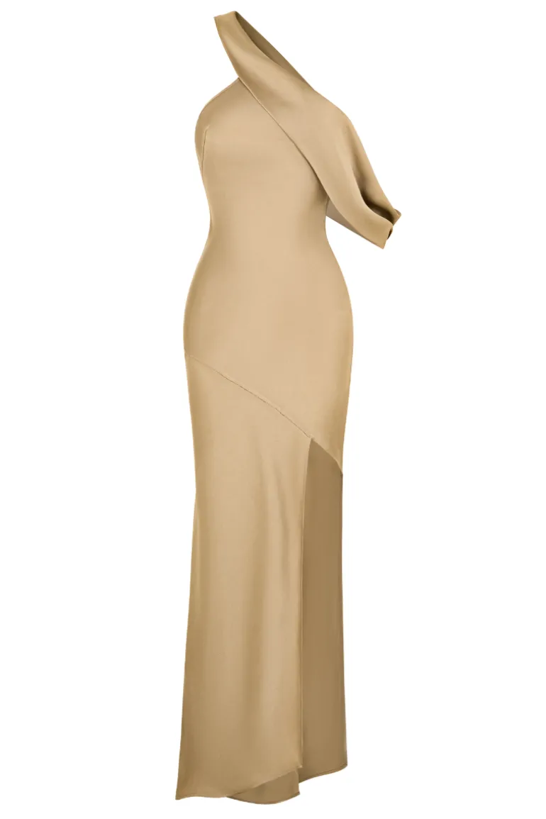 Dresses | Midi Dresses<CULT MIA HURLEY ASYMMETRIC DIAGONAL NECK SILK BLEND MIDI DRESS Gold