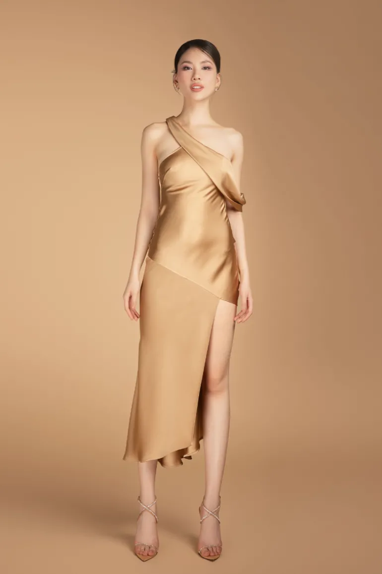 Dresses | Midi Dresses<CULT MIA HURLEY ASYMMETRIC DIAGONAL NECK SILK BLEND MIDI DRESS Gold