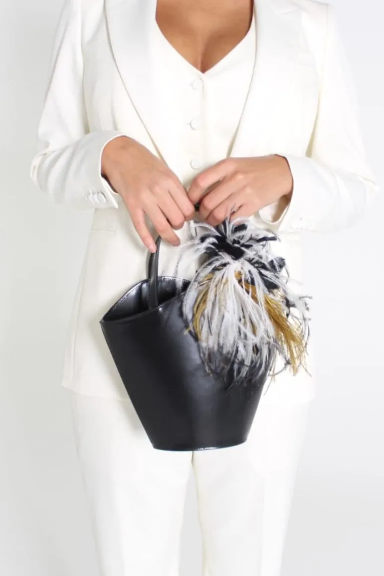Top Handle Bags<CULT MIA ICONIC INFINITY AND WHITE FEATHER BAG Black