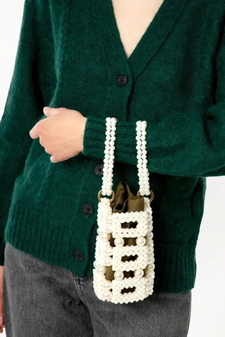Top Handle Bags<CULT MIA IVORY & KHAKI ESMERALDA BEADED BUCKET BAG