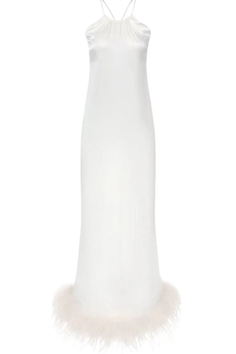 Dresses<CULT MIA BRIDE-TO-BE HALTER NECK SILK MAXI DRESS WITH REMOVABLE FEATHERS Ivory