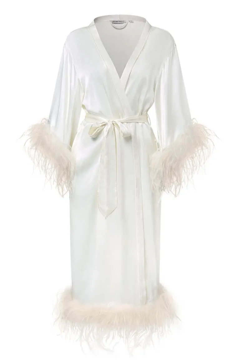 Sleep & Loungewear<CULT MIA BRIDE-TO-BE SILK LONG ROBE WITH REMOVABLE FEATHERS Ivory