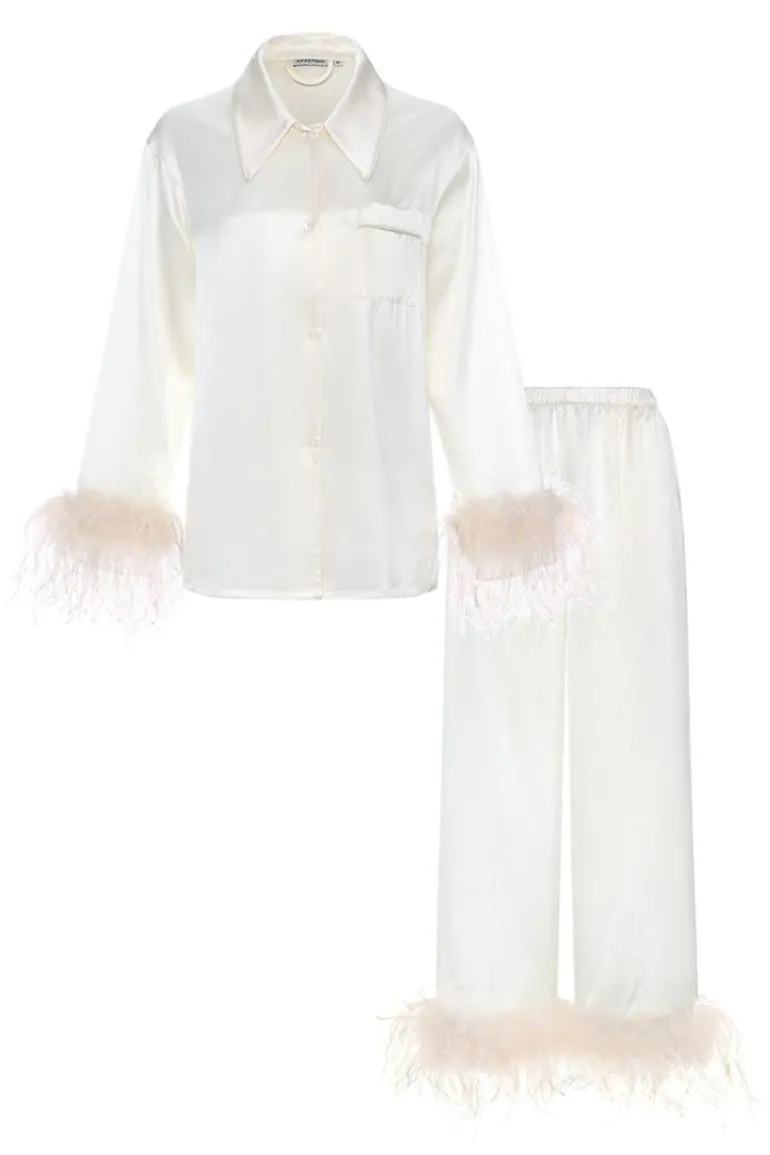 Sleep & Loungewear<CULT MIA BRIDE-TO-BE SILK PARTY PAJAMAS SET WITH REMOVABLE FEATHERS Ivory