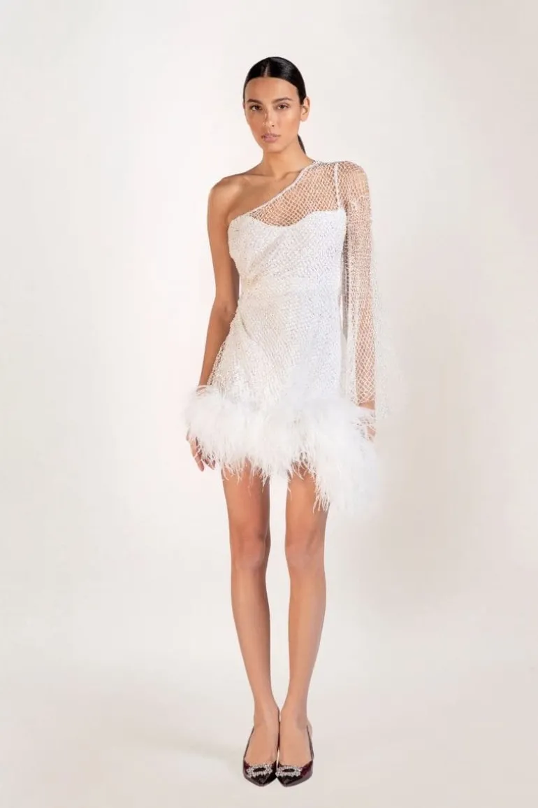 Dresses | Mini Dresses<CULT MIA IZABELLA CRYSTAL FEATHER-TRIMMED MINI DRESS White