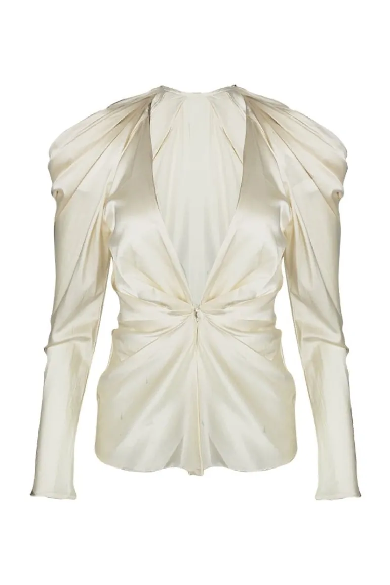 Tops<CULT MIA JADE PLEATED OPEN SILK BLOUSE Off White