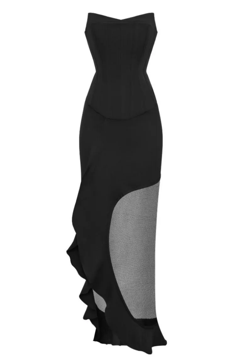 Dresses | Midi Dresses<CULT MIA JAZZY STRAPLESS ASYMMETRIC SHEER FRILL DRESS Black