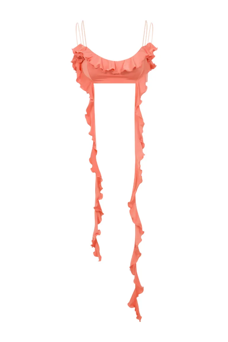 Tops<CULT MIA JERSEY CROP TOP WITH RUFFLES IN ORANGE Peach