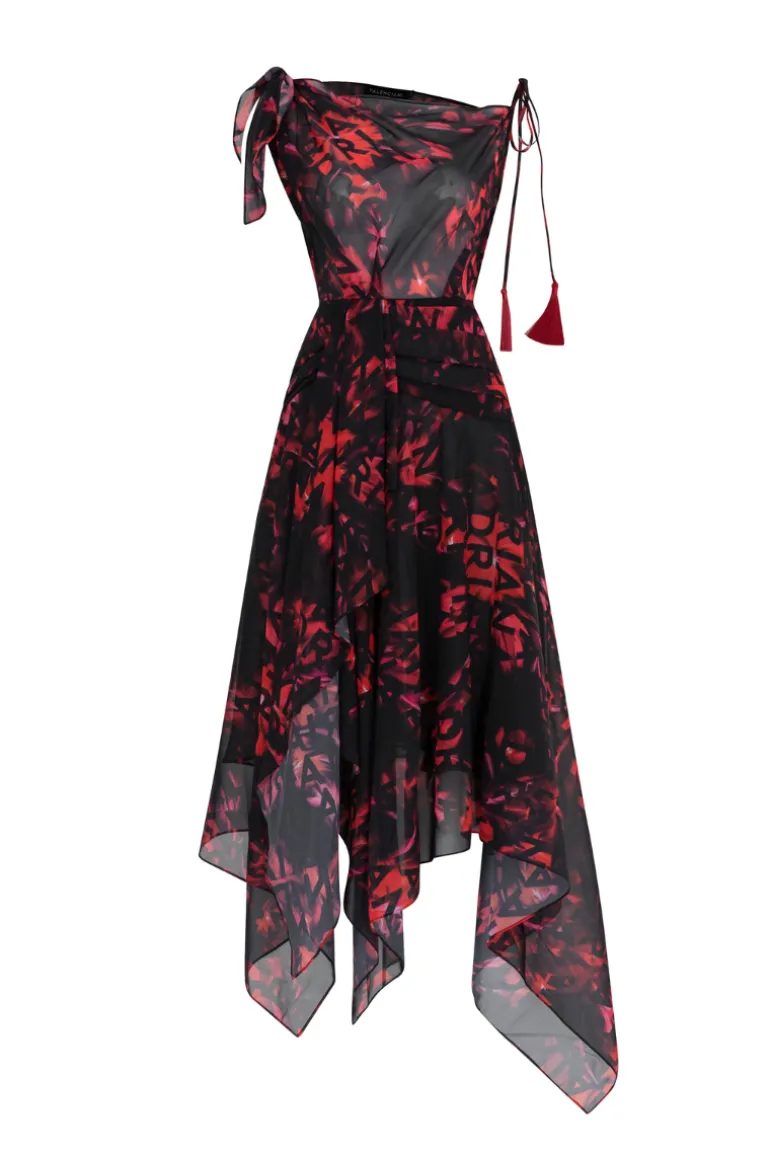 Dresses | Midi Dresses<CULT MIA JESSICA A-LINE ASYMMETRIC SHOULDER MIDI DRESS Black with Red Pattern