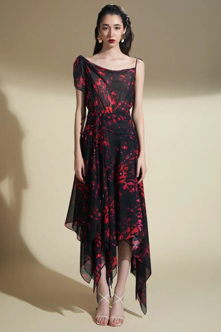 Dresses | Midi Dresses<CULT MIA JESSICA A-LINE ASYMMETRIC SHOULDER MIDI DRESS Black with Red Pattern