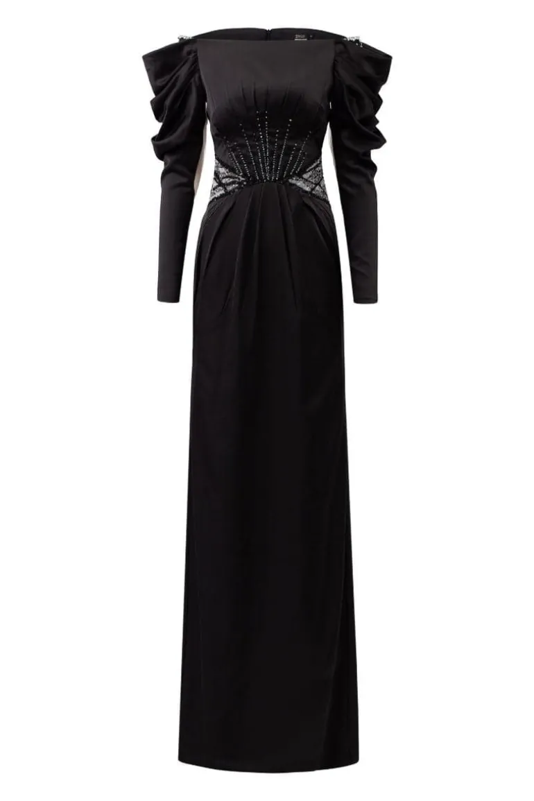 Dresses | Gowns<CULT MIA JULIANNA SILK SATIN DRAPED SLEEVES DRESS Black