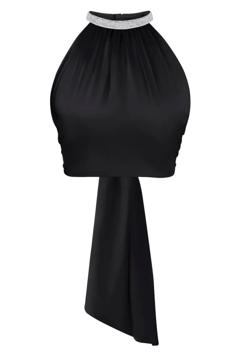 Tops<CULT MIA KAIA OPEN-BACK CROPPED SILK HALTERNECK TOP Black