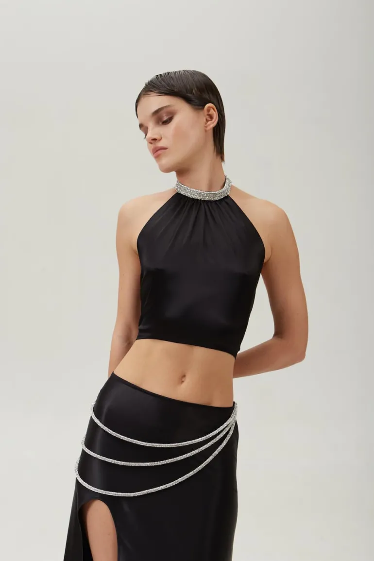 Tops<CULT MIA KAIA OPEN-BACK CROPPED SILK HALTERNECK TOP Black