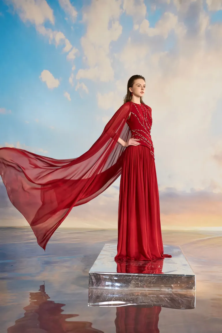 Dresses | Gowns<CULT MIA KERENZA CREPE MIXED CHIFFON PLEATED GOWN Red Cherry