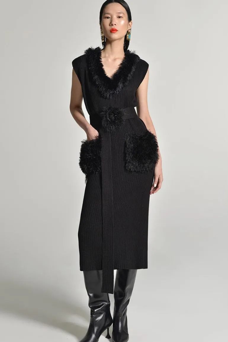 Dresses | Midi Dresses<CULT MIA KNITTED DRESS WITH FUR BELT Black