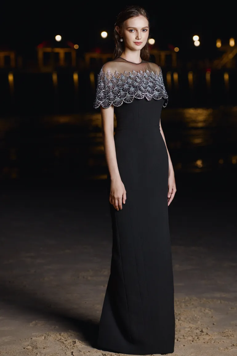 Dresses | Gowns<CULT MIA KRISTOFF BATEAU NECK GOWN WITH BEADED MINI CAPE Black