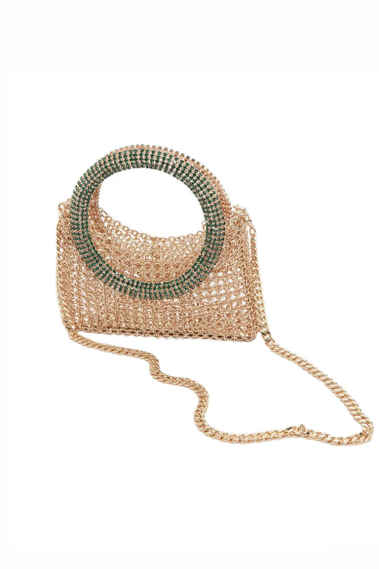 Shoulder Bags<CULT MIA LA LUNA GOLD BAG Gold and Emerald Crystal Handles