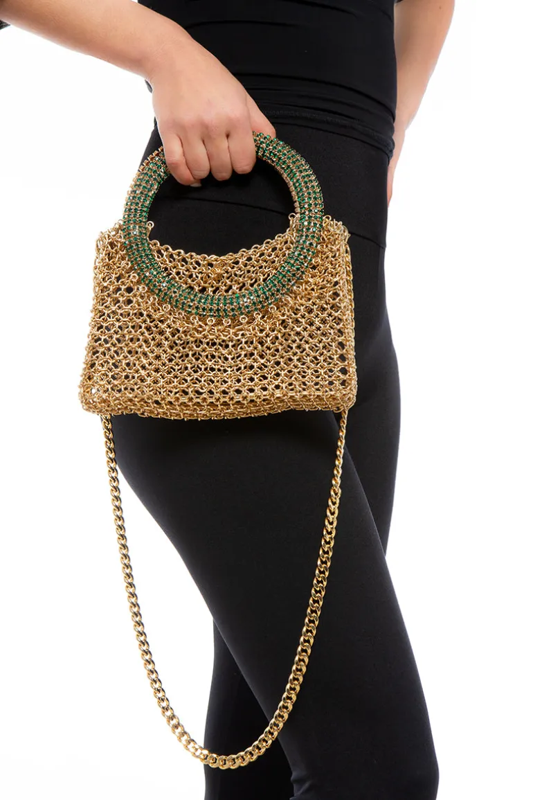Shoulder Bags<CULT MIA LA LUNA GOLD BAG Gold and Emerald Crystal Handles