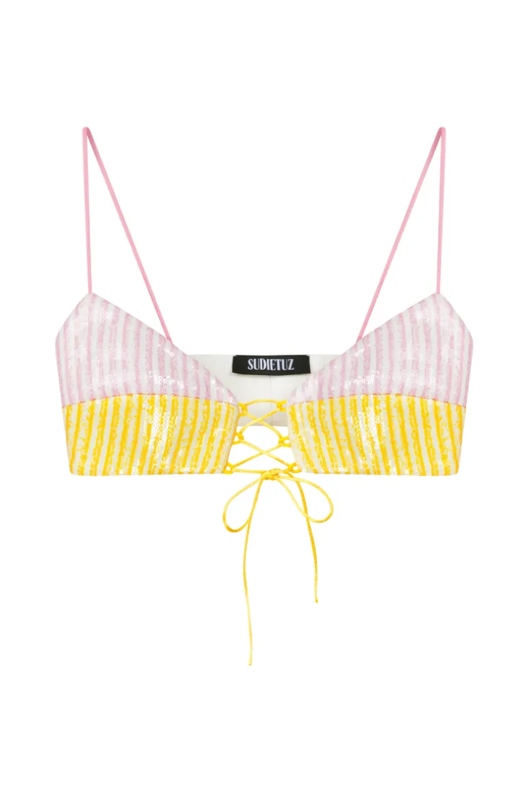 Tops<CULT MIA LACE UP FRONT SEQUIN BRA Pink/Yellow