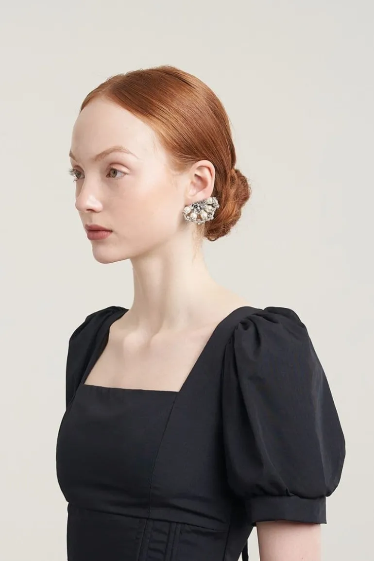 Earrings<CULT MIA LADY CRYSTAL BEADED PEARL EMBELLISHED CLIP ON EARRINGS White