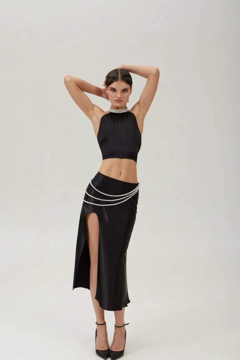 Skirts<CULT MIA LAETITIA SLIT-HEM SILK MIDI SKIRT Black