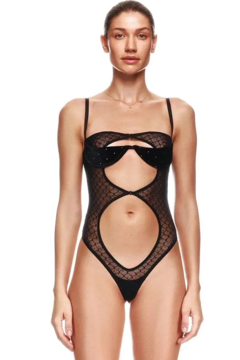 Tops<CULT MIA LANA VELVET BODYSUIT Black