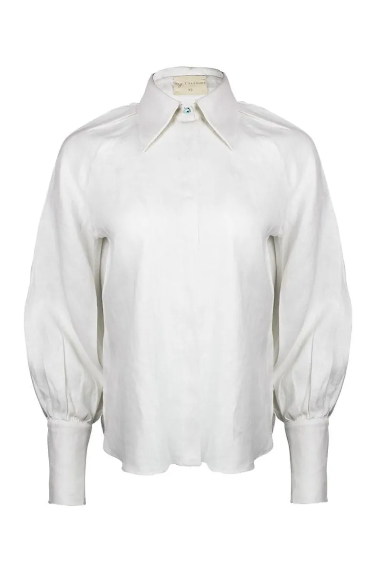 Tops<CULT MIA LAPIZ PUFF SLEEVE LINEN BLOUSE White