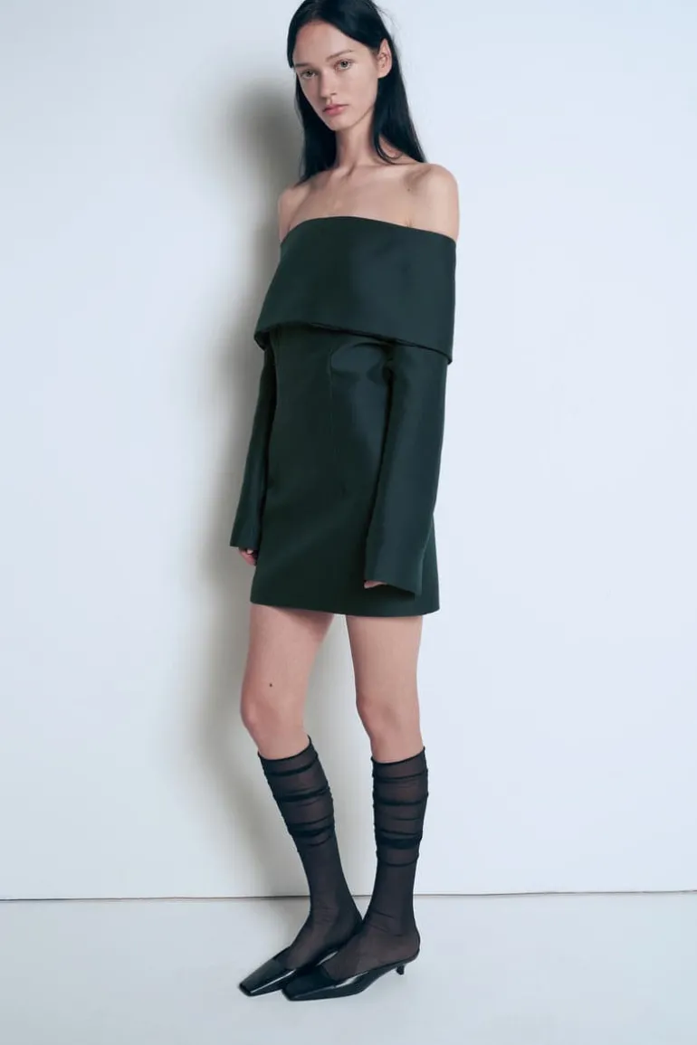 Dresses | Mini Dresses<CULT MIA LARGE FOLD-DOWN GREEN COLLAR MINI DRESS Dark green