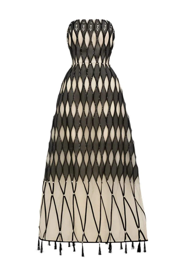 Dresses<CULT MIA LATTICE STRAPLESS MESH MAXI DRESS IN Black And White