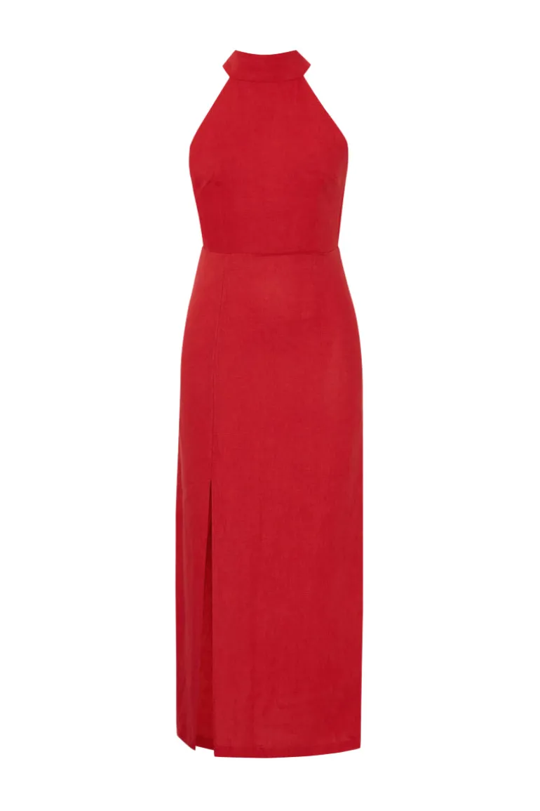 Dresses<CULT MIA LAURA LINEN HALTER NECK MAXI DRESS Goji Red