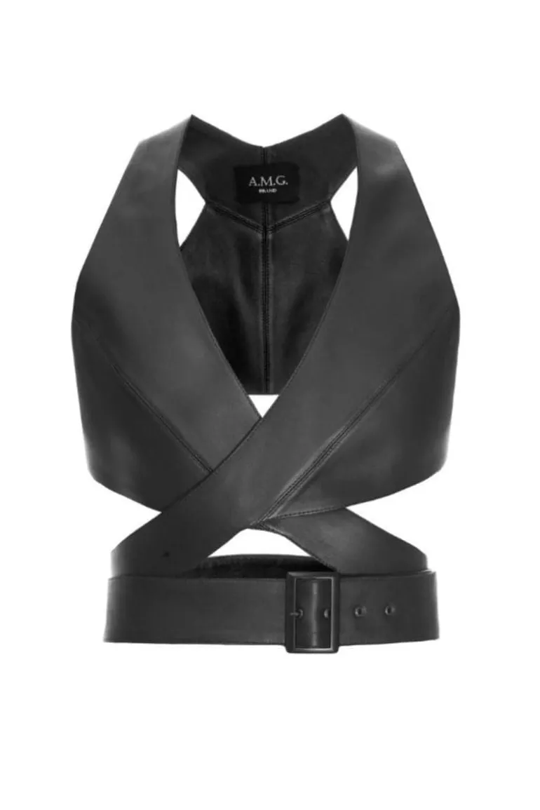 Tops<CULT MIA LEATHER V-NECK CUT-OUT TOP Black