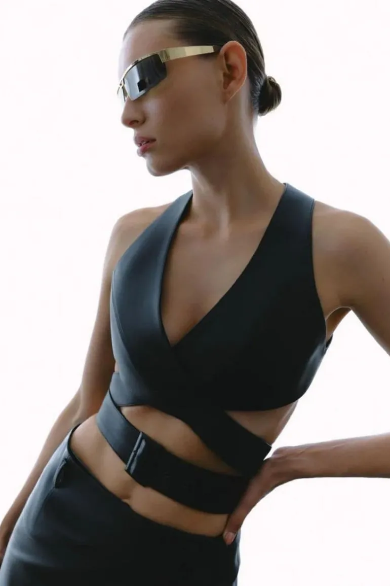 Tops<CULT MIA LEATHER V-NECK CUT-OUT TOP Black