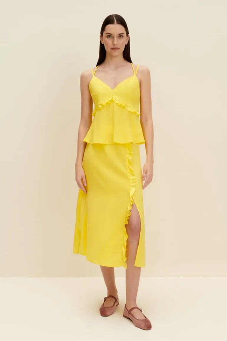 Skirts<CULT MIA RUFFLED SILK MIDI SKIRT Lemon Yellow