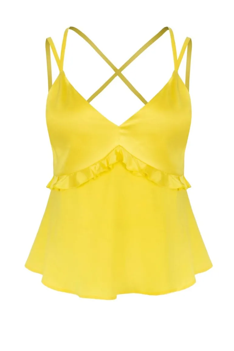Tops<CULT MIA RUFFLED SILK TOP Lemon Yellow