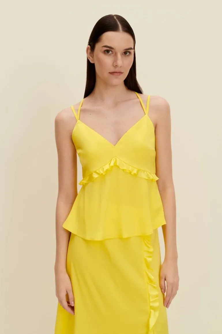 Tops<CULT MIA RUFFLED SILK TOP Lemon Yellow