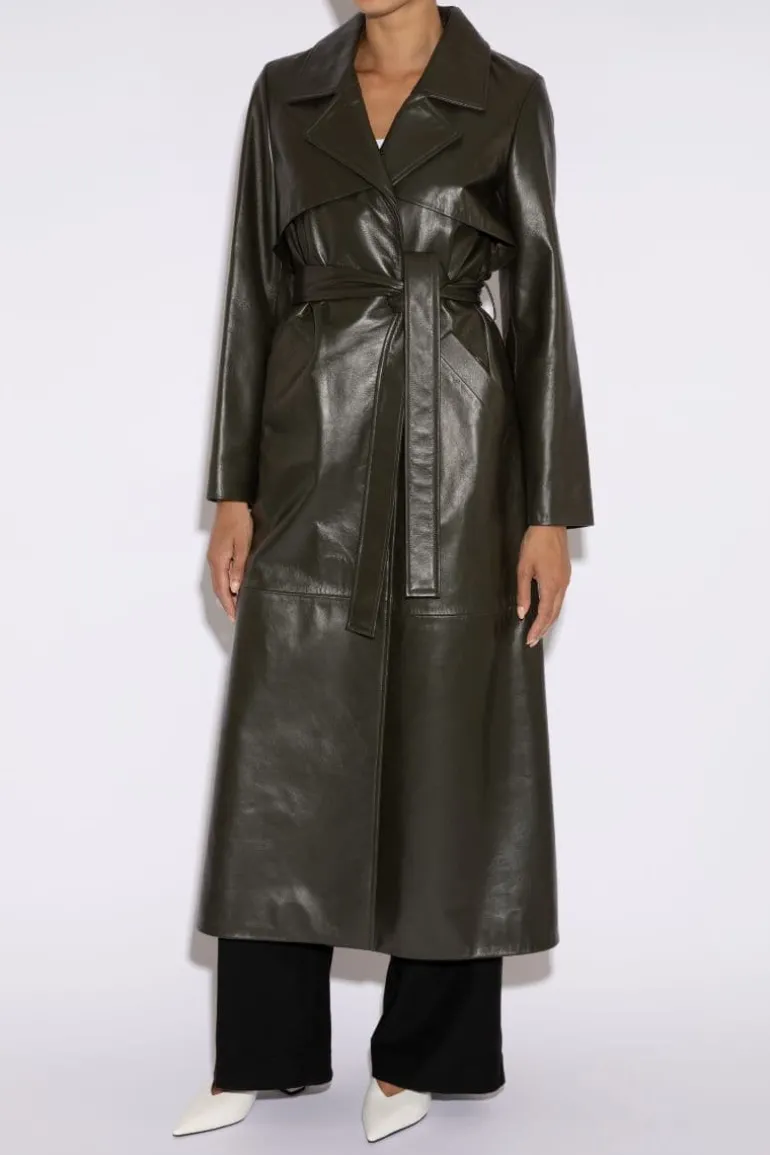 Coats<CULT MIA LEONORA LEATHER TRENCH COAT Dark Khaki