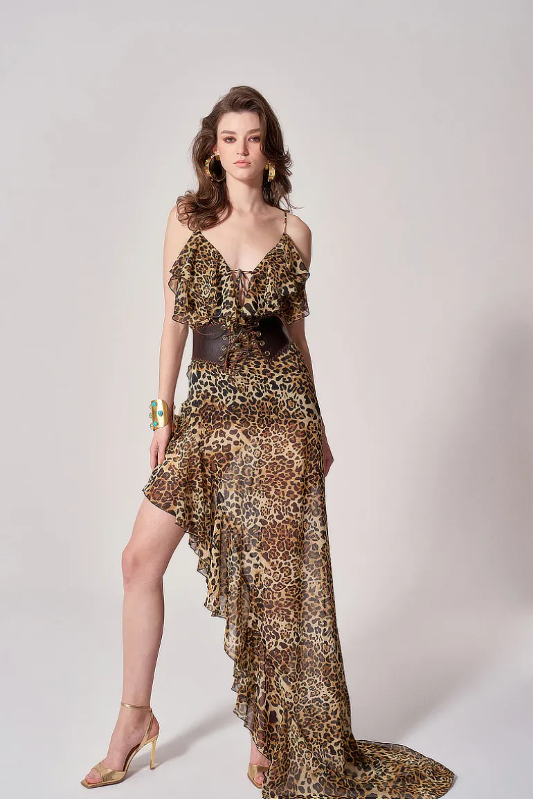 Dresses<CULT MIA CHIFFON RUFFLED GOWN Leopard