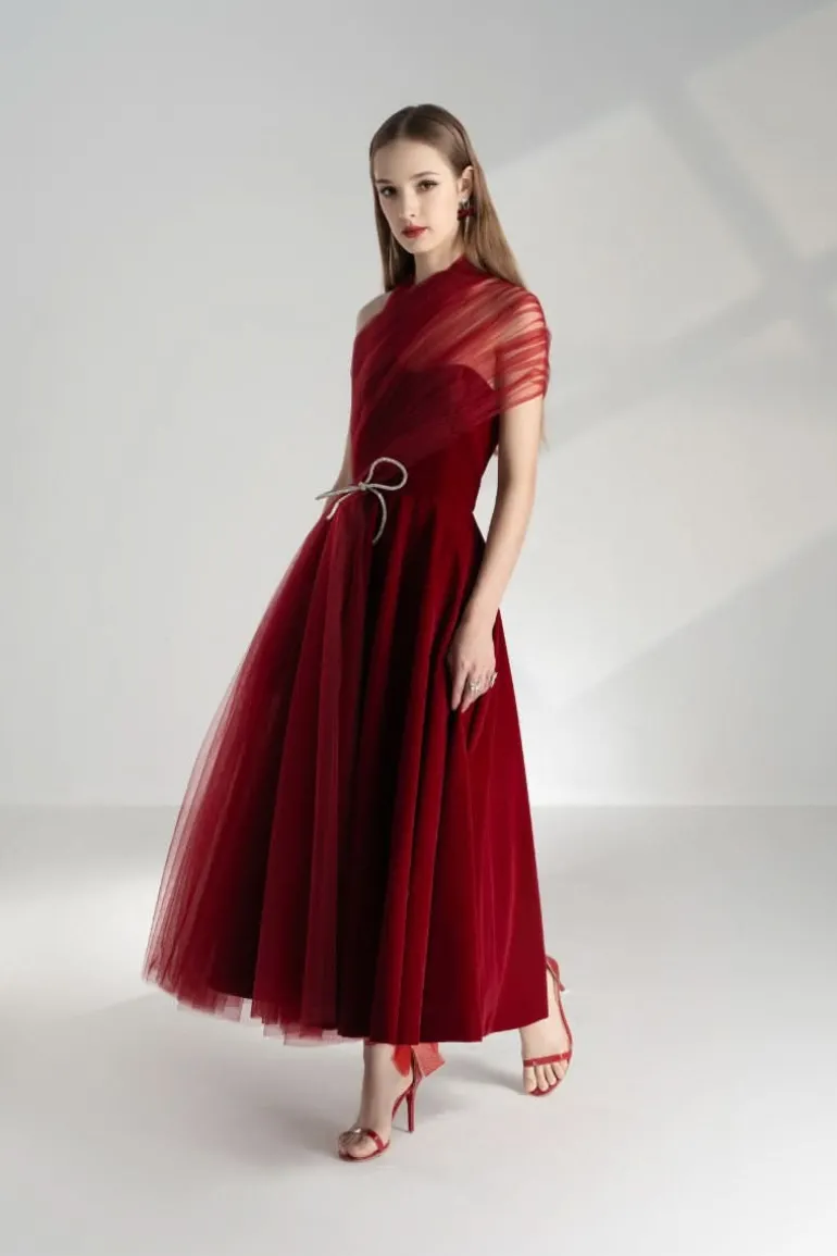 Dresses | Gowns<CULT MIA LESLIE FIT AND FLARE CROSSOVER MESH TAFFETA MIDI DRESS Red