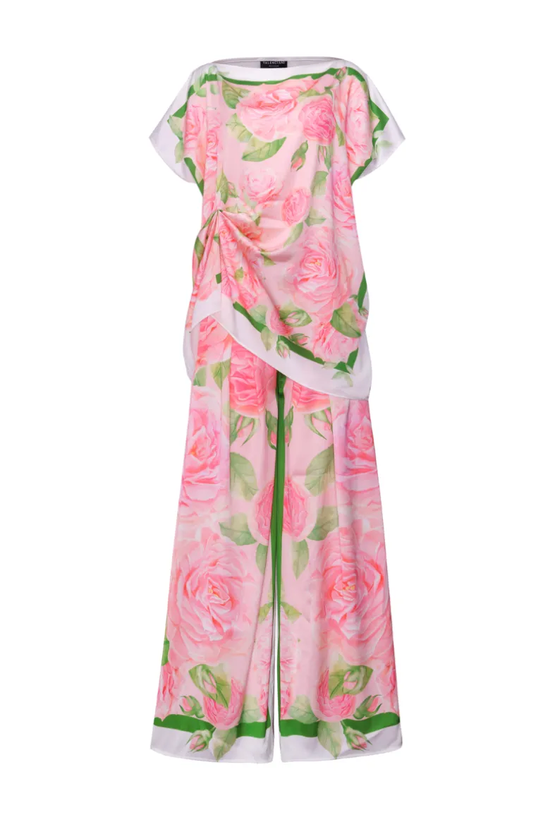Outfit Sets<CULT MIA LILIANE SHORT SLEEVED SILK TOP AND WIDE-LEG PANTS SET White & Pink Pattern