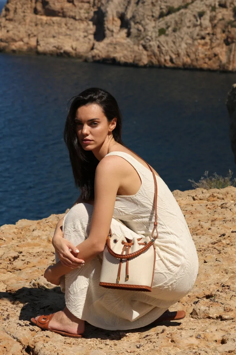 Top Handle Bags<CULT MIA LINEN BUCKET TOP HANDLE BAG Caramel Linen