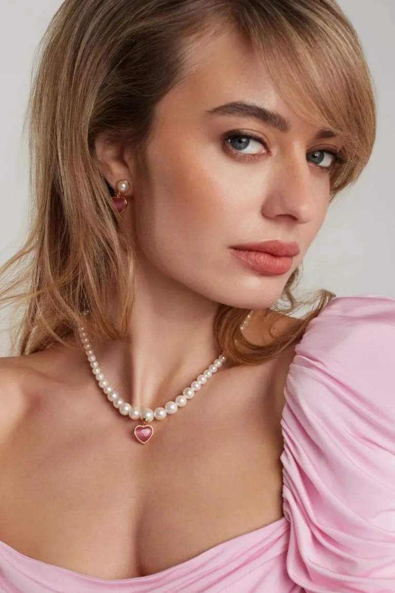 Necklaces<CULT MIA LISETTE PINK AND PEARL HEART NECKLACE Pink & Pearl