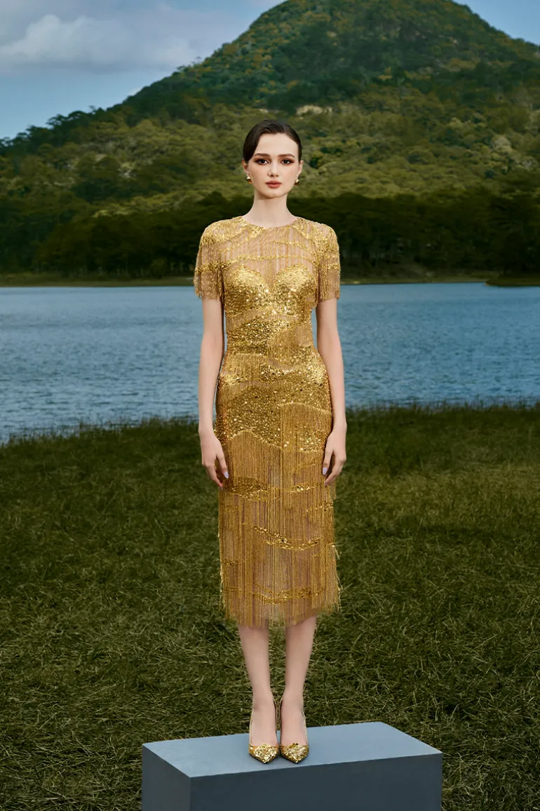 Dresses | Midi Dresses<CULT MIA LITA SUNRISE BEADED MIDI DRESS Gold