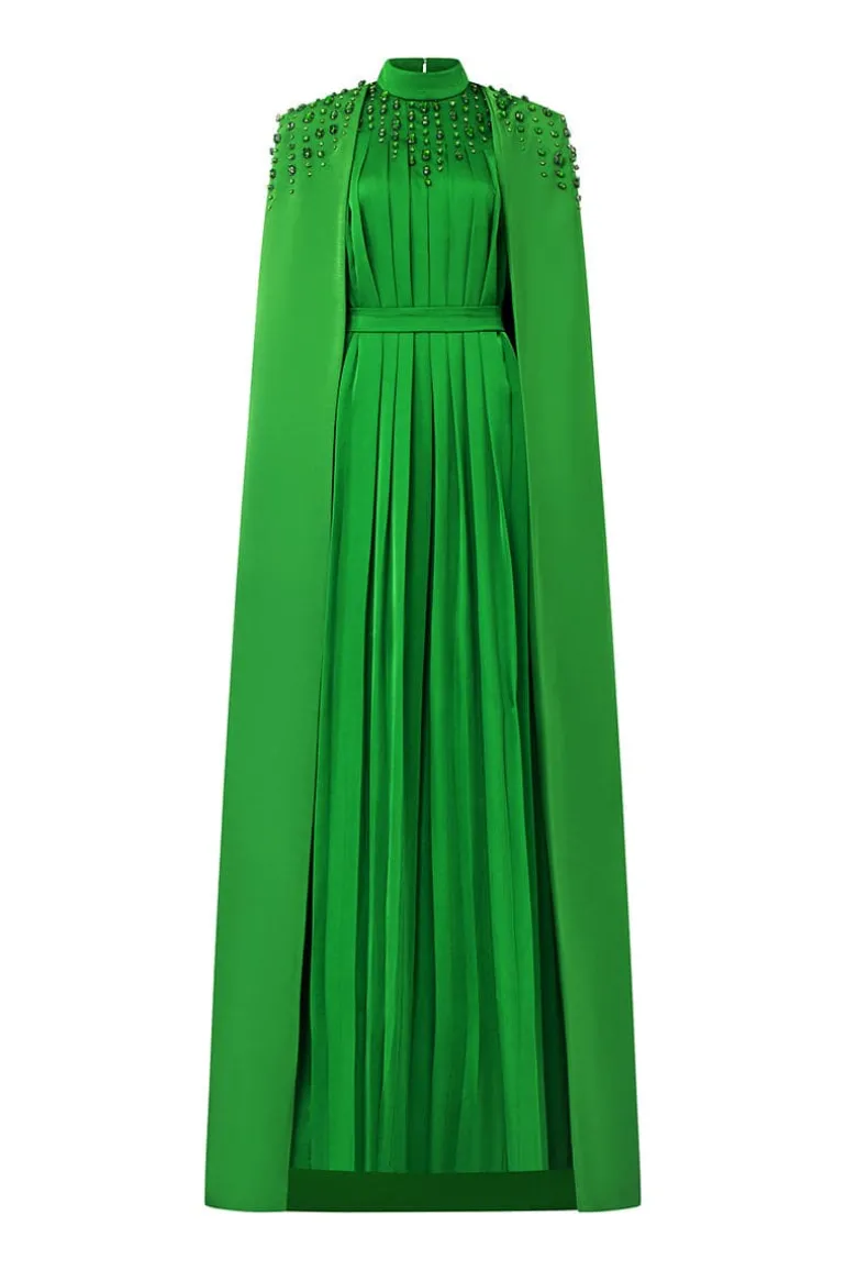 Dresses | Gowns<CULT MIA LONG PLEATED TRAPEZE DRESS WITH SHOULDER CAPE Green