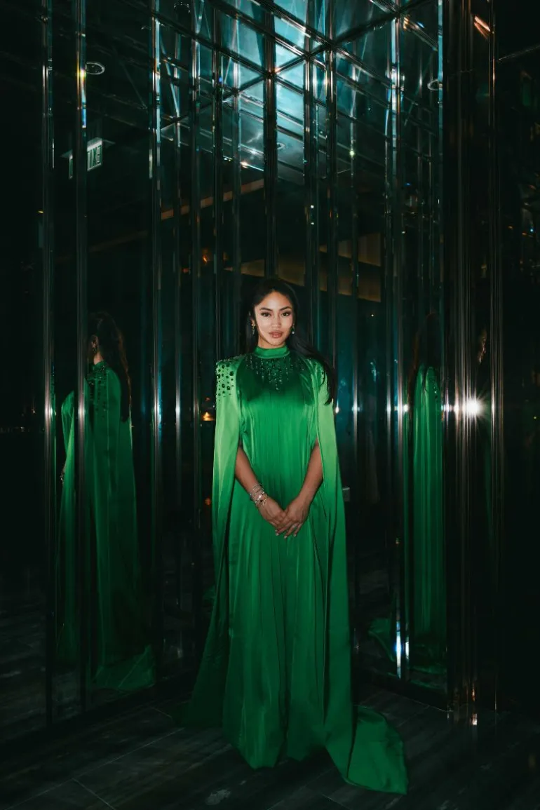Dresses | Gowns<CULT MIA LONG PLEATED TRAPEZE DRESS WITH SHOULDER CAPE Green