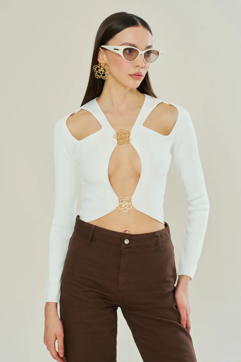 Tops<CULT MIA LOVERS' EMBLEM KNIT TOP White