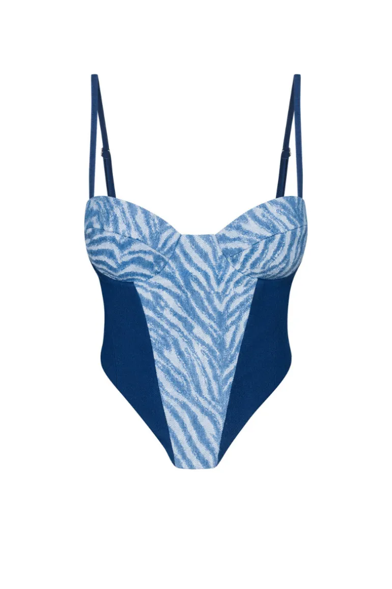 Tops<CULT MIA LOWELL CORSET IN DARK DENIM AND ZEBRA Blue