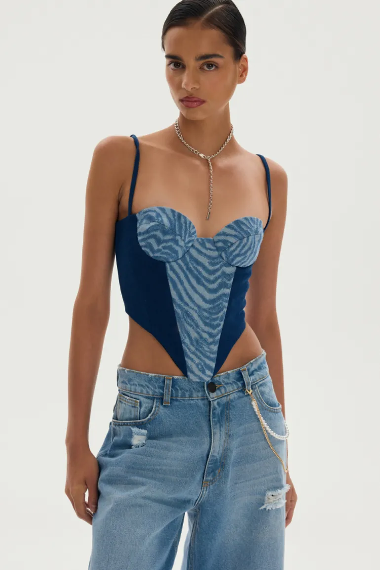Tops<CULT MIA LOWELL CORSET IN DARK DENIM AND ZEBRA Blue