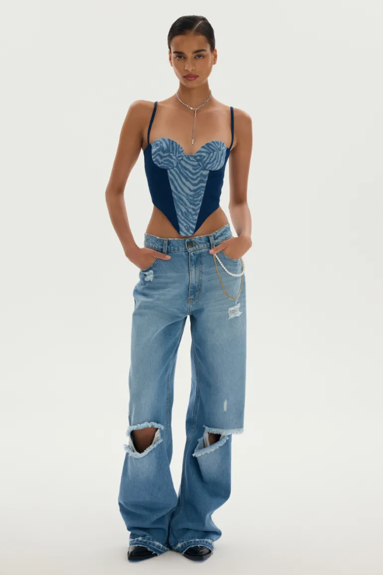 Tops<CULT MIA LOWELL CORSET IN DARK DENIM AND ZEBRA Blue